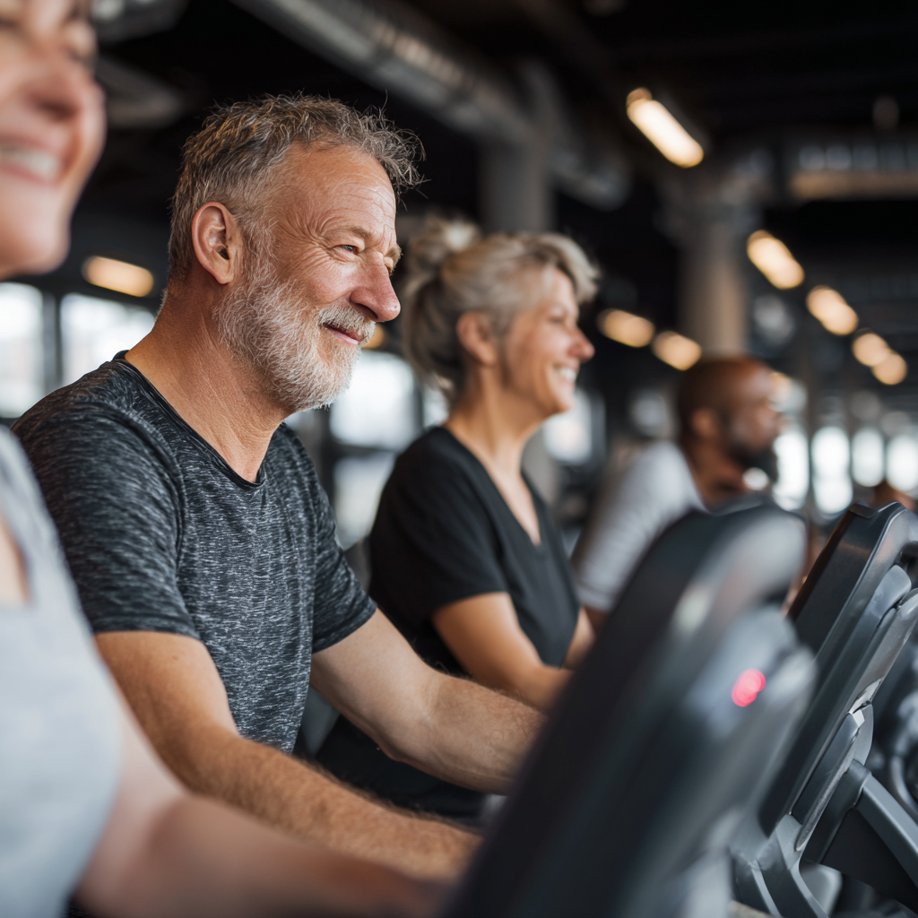 Middle-aged adults showing fitness progress and healthy lifestyle achievements